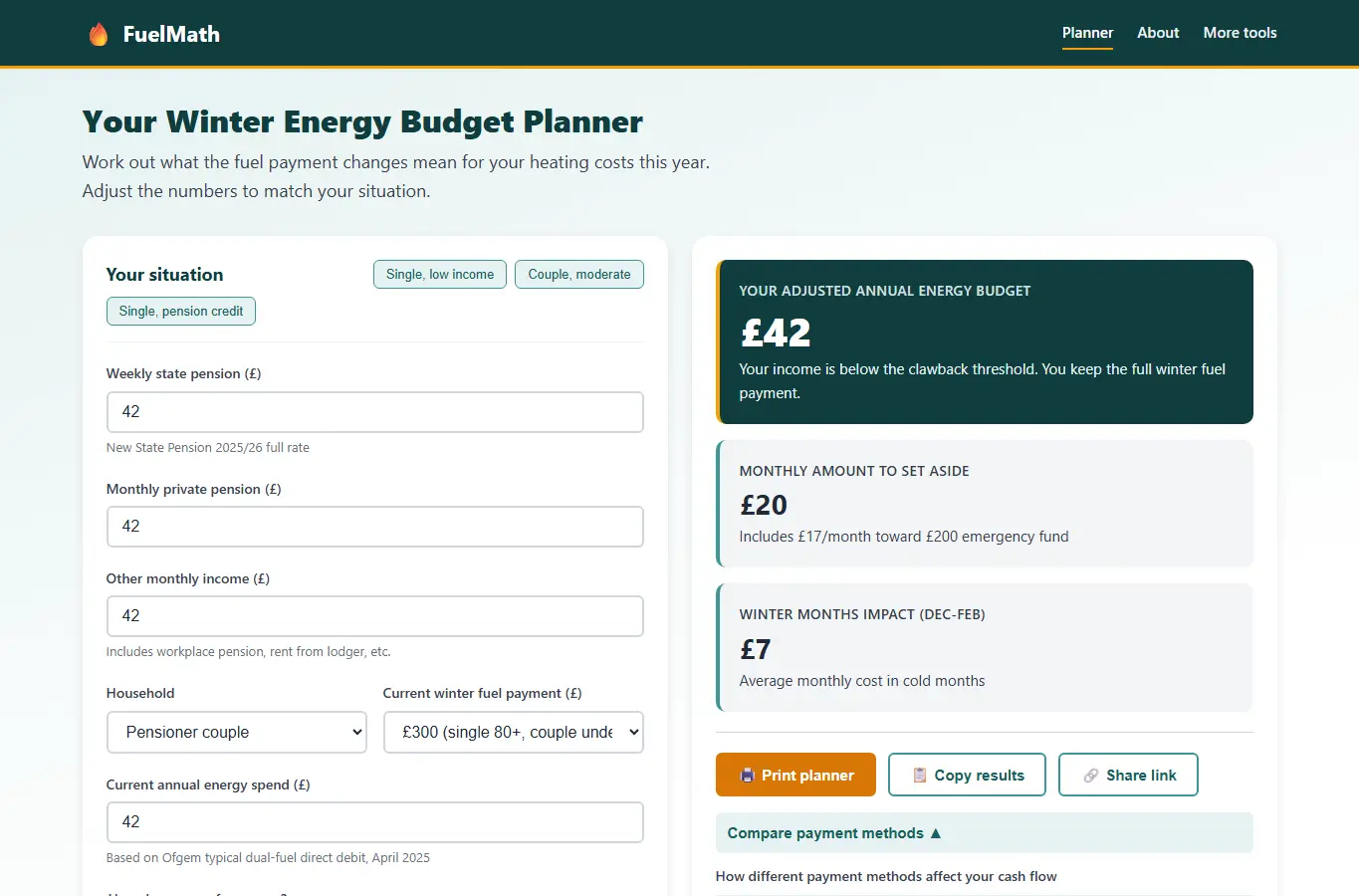 Screenshot of FuelMath: Pensioner Energy Budget Planner interface showing the project page in use